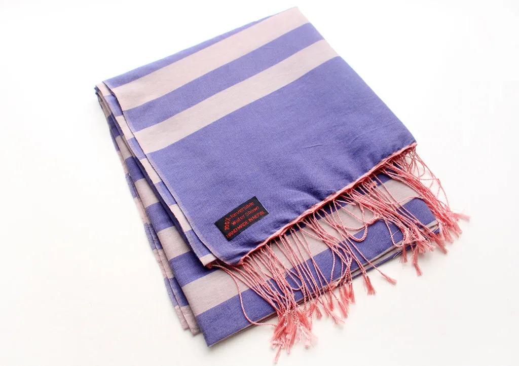 100% Reversible Gray Striped Blue Color Water Pashmina Shawl