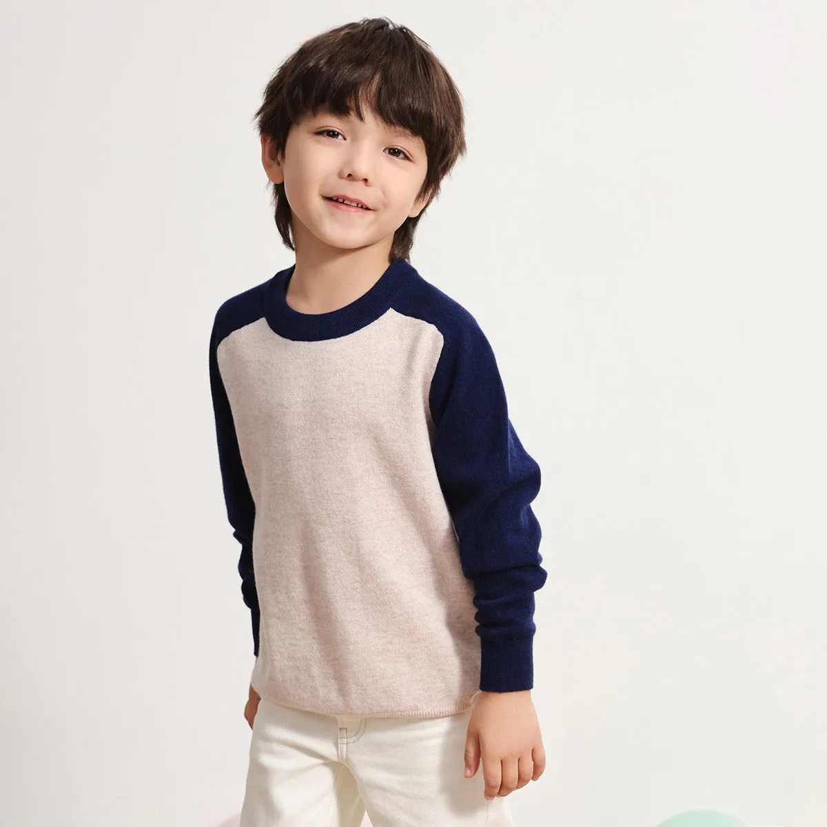 100% Wool Kids Round Neck Color Block Sweater