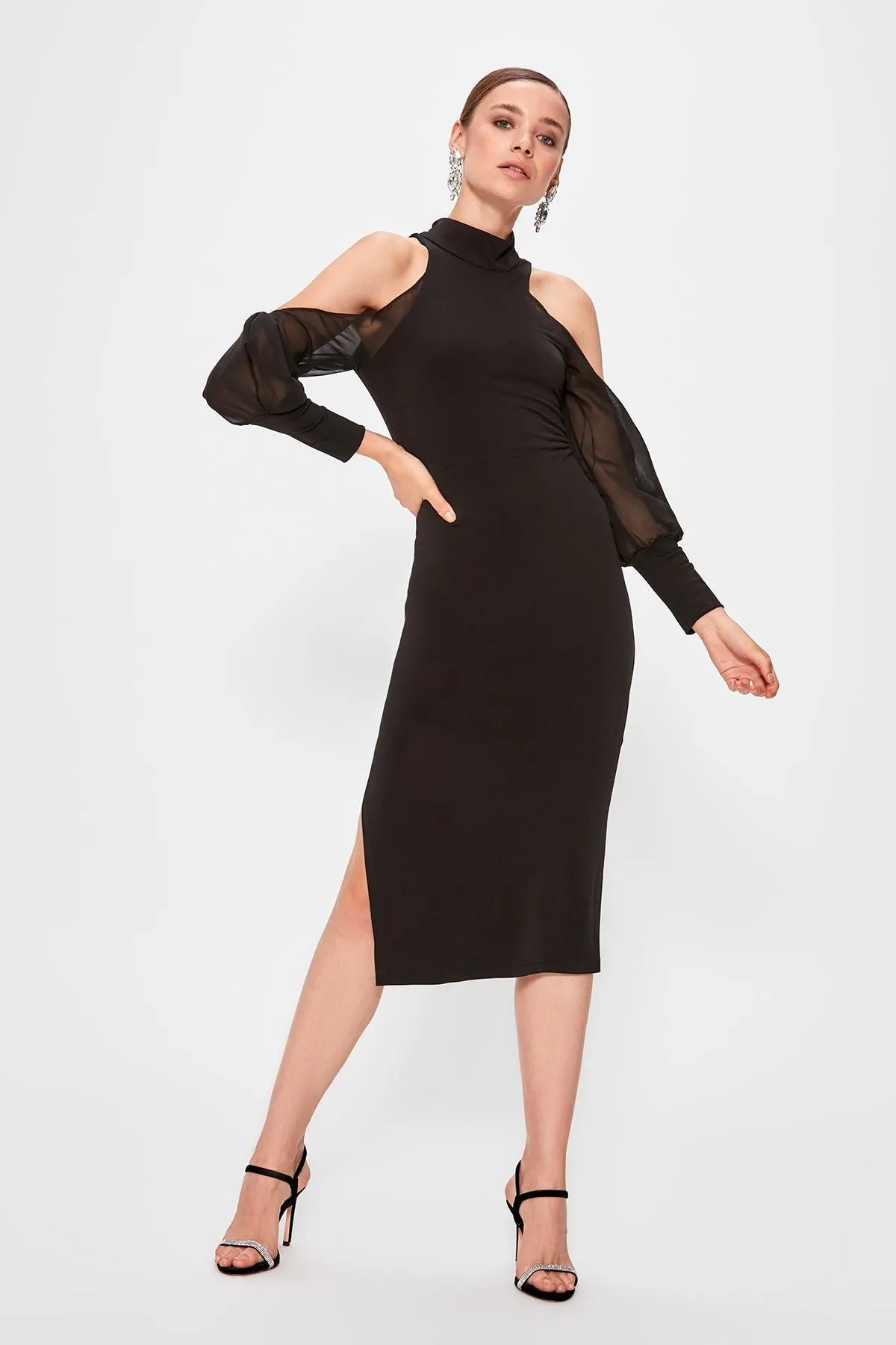 13331 Black Cold Shoulder Sheer Sleeve Bodycon Dress