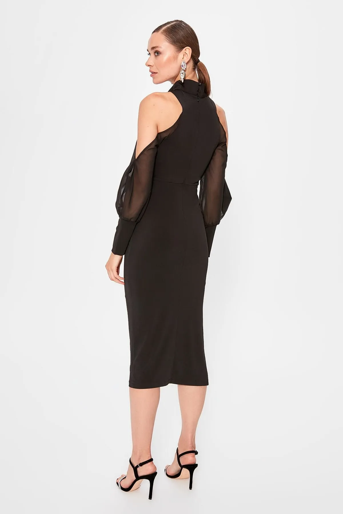 13331 Black Cold Shoulder Sheer Sleeve Bodycon Dress