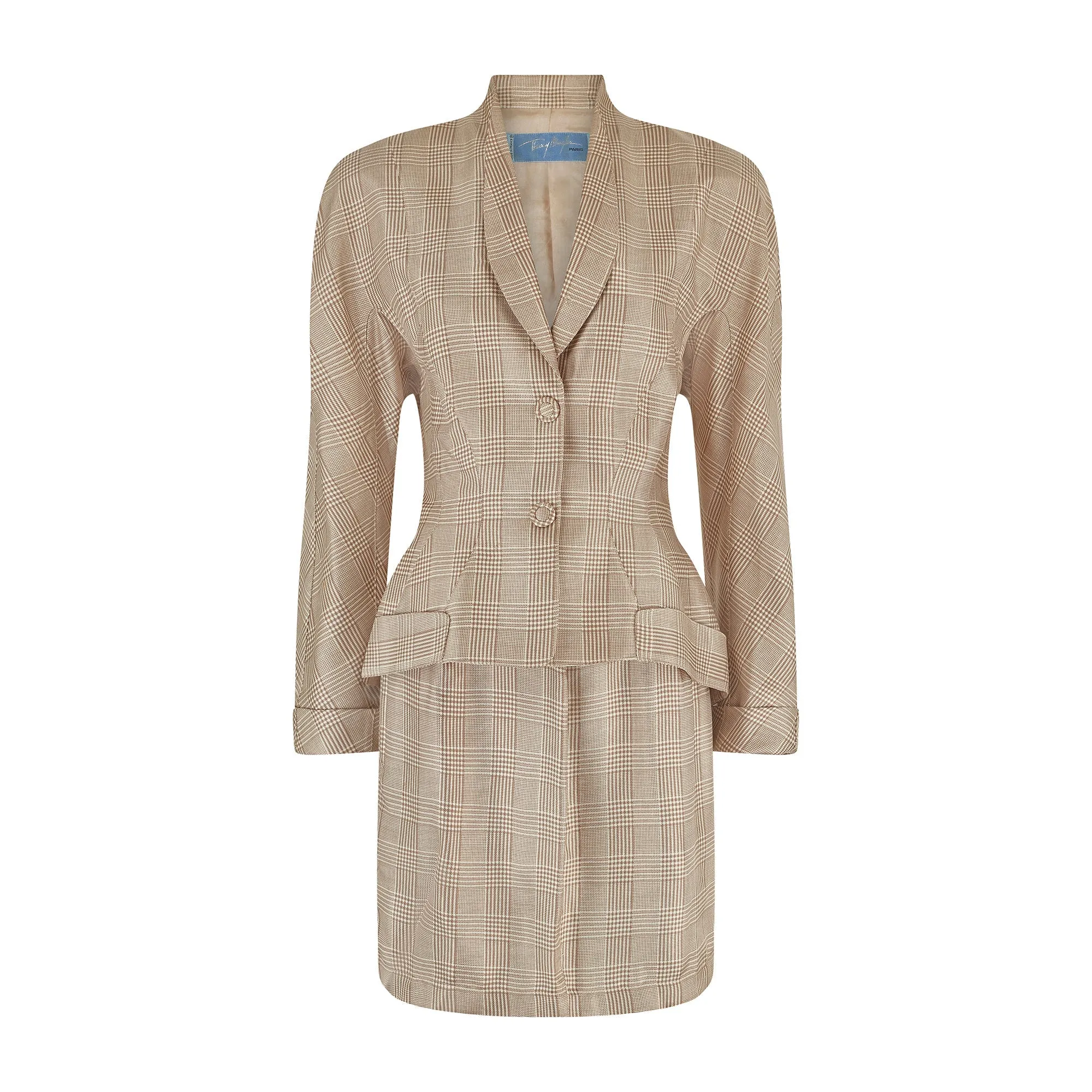 1990s Thierry Mugler Brown Prince of Wales Check Silk Skirt Suit