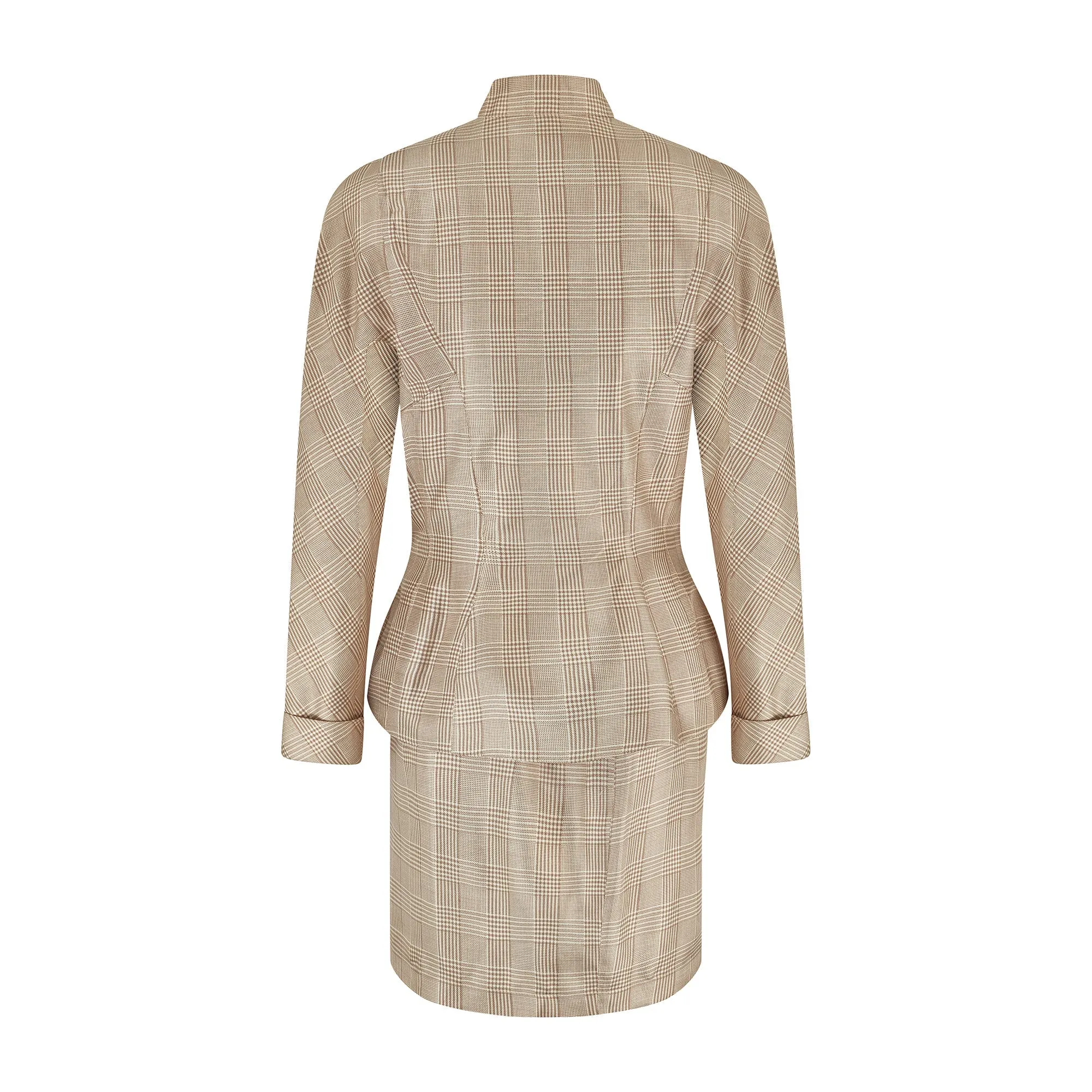 1990s Thierry Mugler Brown Prince of Wales Check Silk Skirt Suit