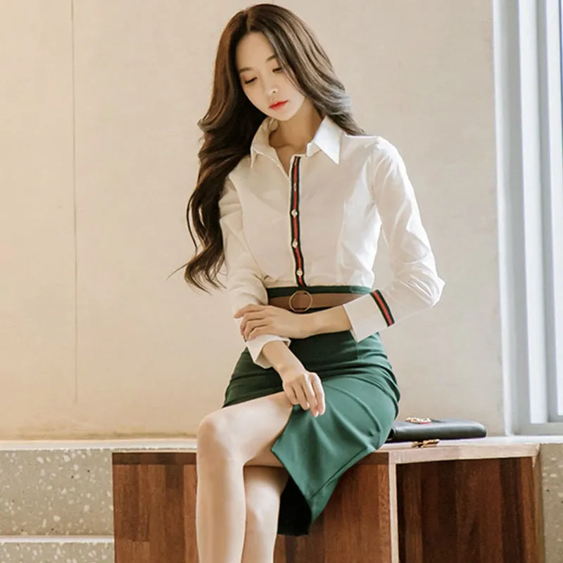 2 Piece Set -White Blouse and Green  Pencil Skirt