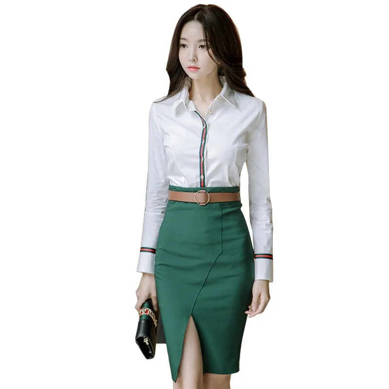 2 Piece Set -White Blouse and Green  Pencil Skirt