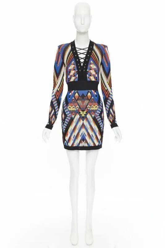 BALMAIN ethnic tribal knitted lace V-neck bodycon mini dress FR38 M