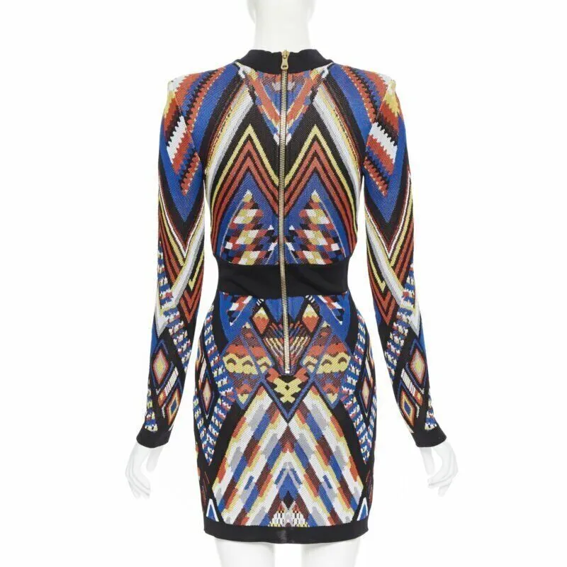 BALMAIN ethnic tribal knitted lace V-neck bodycon mini dress FR38 M