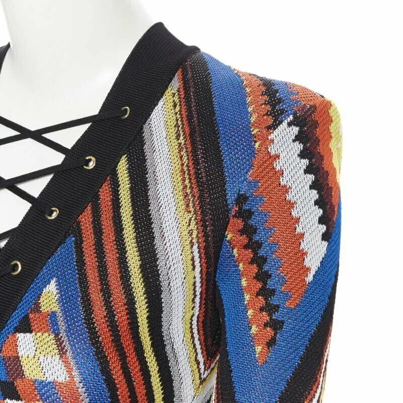 BALMAIN ethnic tribal knitted lace V-neck bodycon mini dress FR38 M