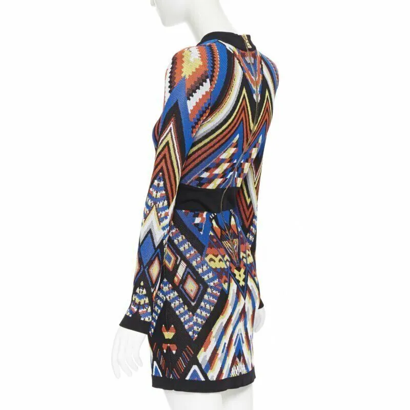 BALMAIN ethnic tribal knitted lace V-neck bodycon mini dress FR38 M