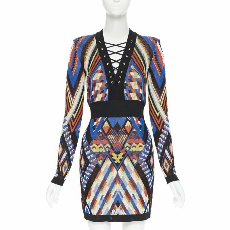BALMAIN ethnic tribal knitted lace V-neck bodycon mini dress FR38 M