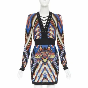 BALMAIN ethnic tribal knitted lace V-neck bodycon mini dress FR38 M