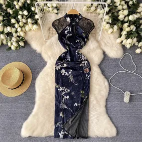 Ethnic Floral Sleeveless Split Cheongsam