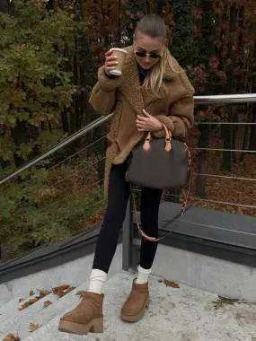 Fashionkova Christmas Gift Outfit Vintage Solid Color Lamb Woolen Patchwork Warm Woman Short Jacket Fashion Long Sleeves Casual Coat New Fall Winter Streetwear
