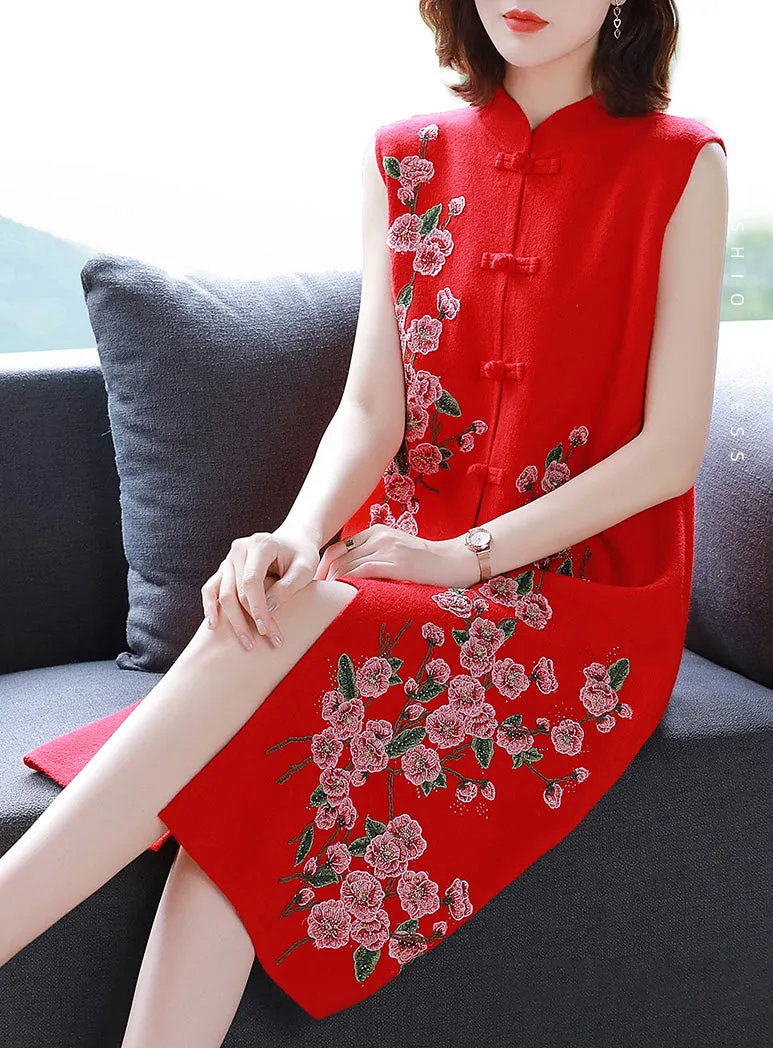 Floral Embroidery Sleeveless Modern Cheongsam A-line Knit Dress