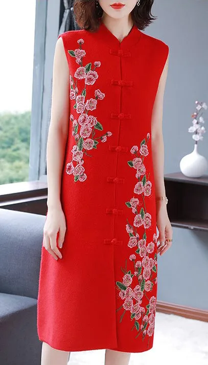 Floral Embroidery Sleeveless Modern Cheongsam A-line Knit Dress