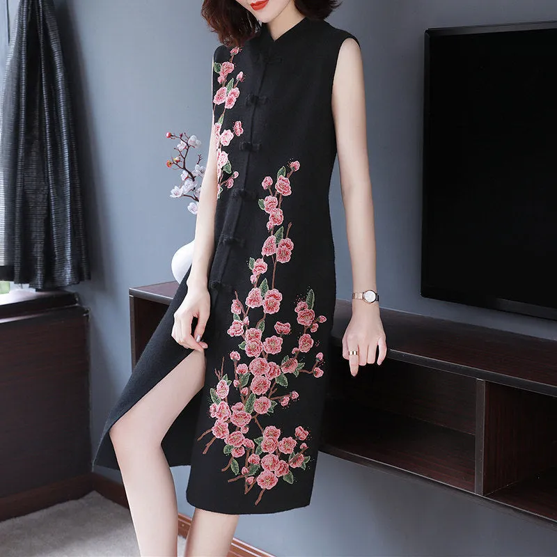 Floral Embroidery Sleeveless Modern Cheongsam A-line Knit Dress