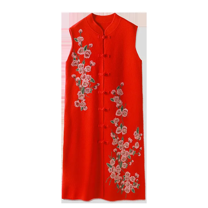 Floral Embroidery Sleeveless Modern Cheongsam A-line Knit Dress