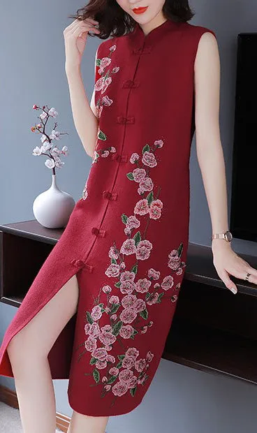 Floral Embroidery Sleeveless Modern Cheongsam A-line Knit Dress
