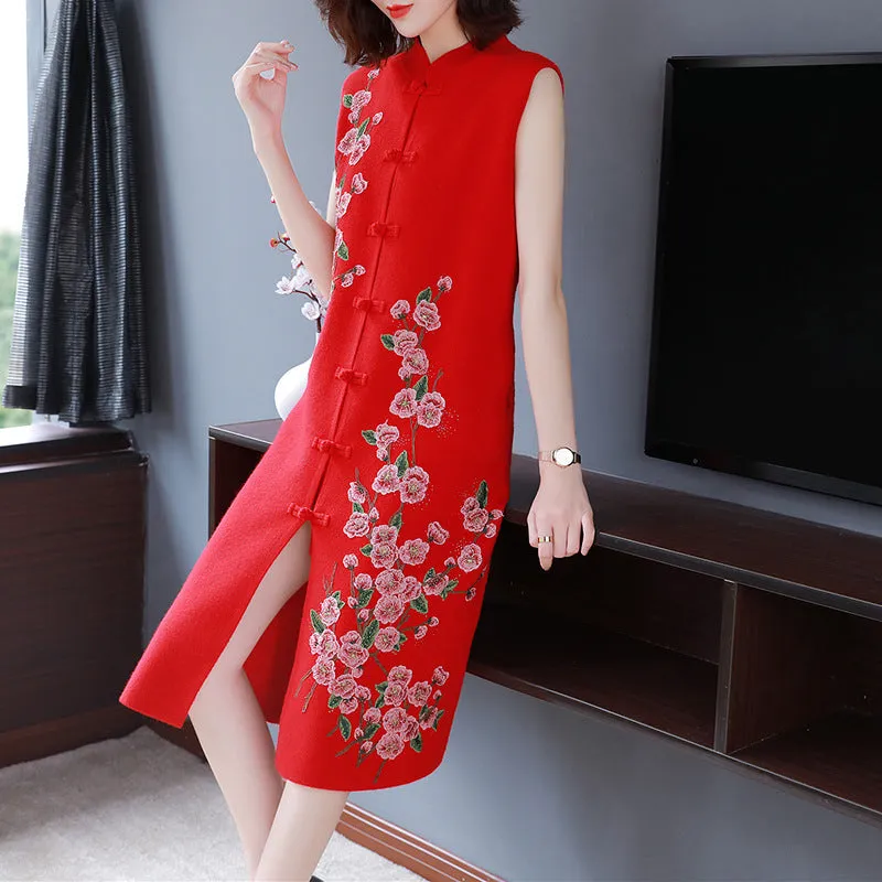Floral Embroidery Sleeveless Modern Cheongsam A-line Knit Dress