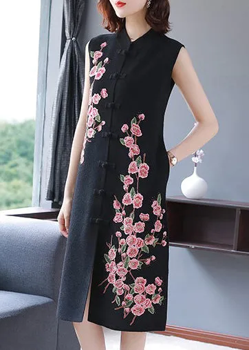 Floral Embroidery Sleeveless Modern Cheongsam A-line Knit Dress
