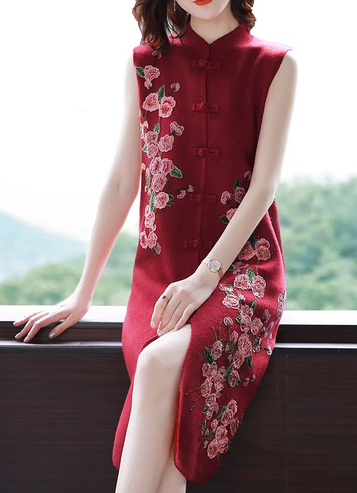 Floral Embroidery Sleeveless Modern Cheongsam A-line Knit Dress
