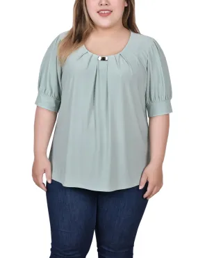Frosty Green Short Sleeve Balloon Sleeve Top With Hardware - Plus