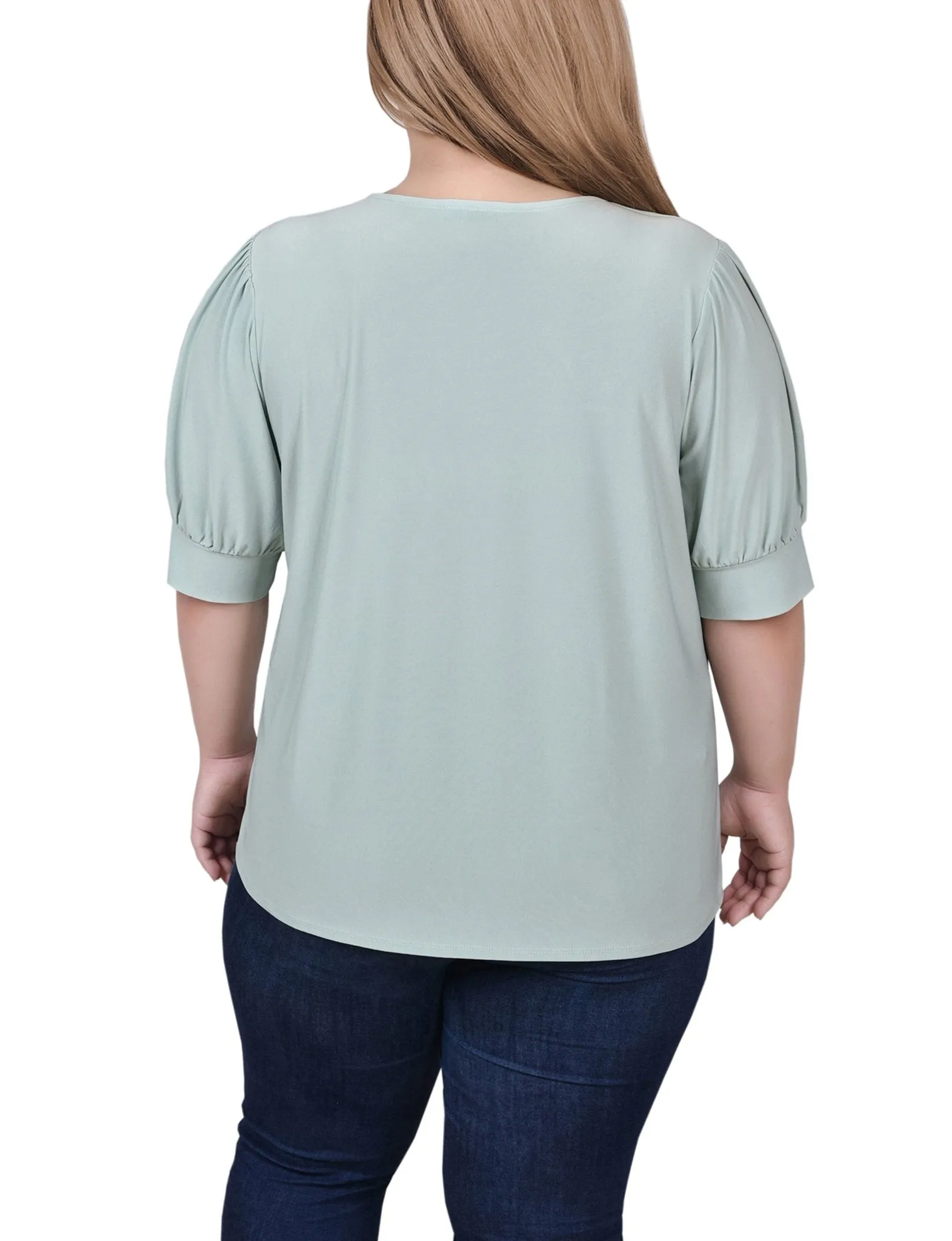 Frosty Green Short Sleeve Balloon Sleeve Top With Hardware - Plus