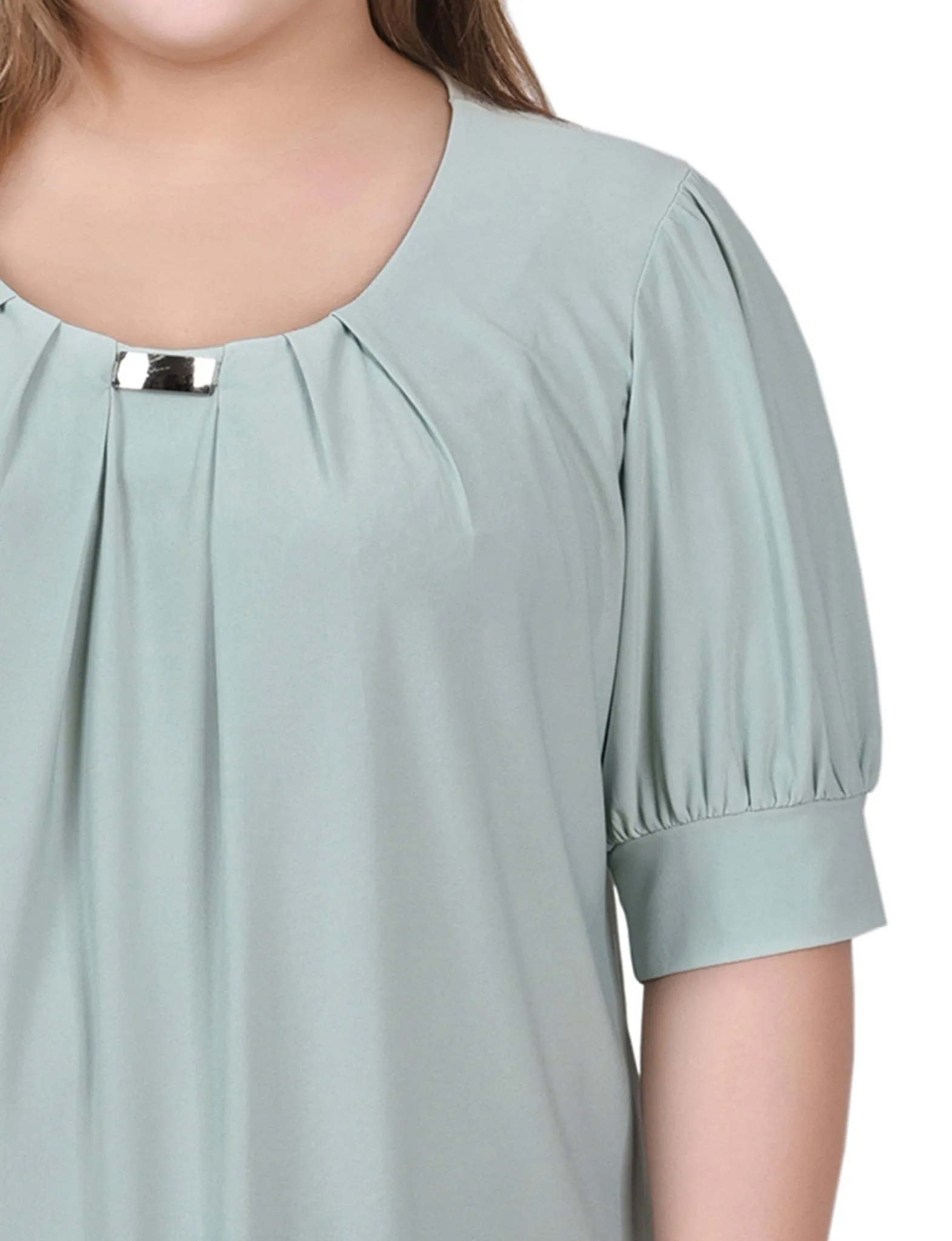 Frosty Green Short Sleeve Balloon Sleeve Top With Hardware - Plus