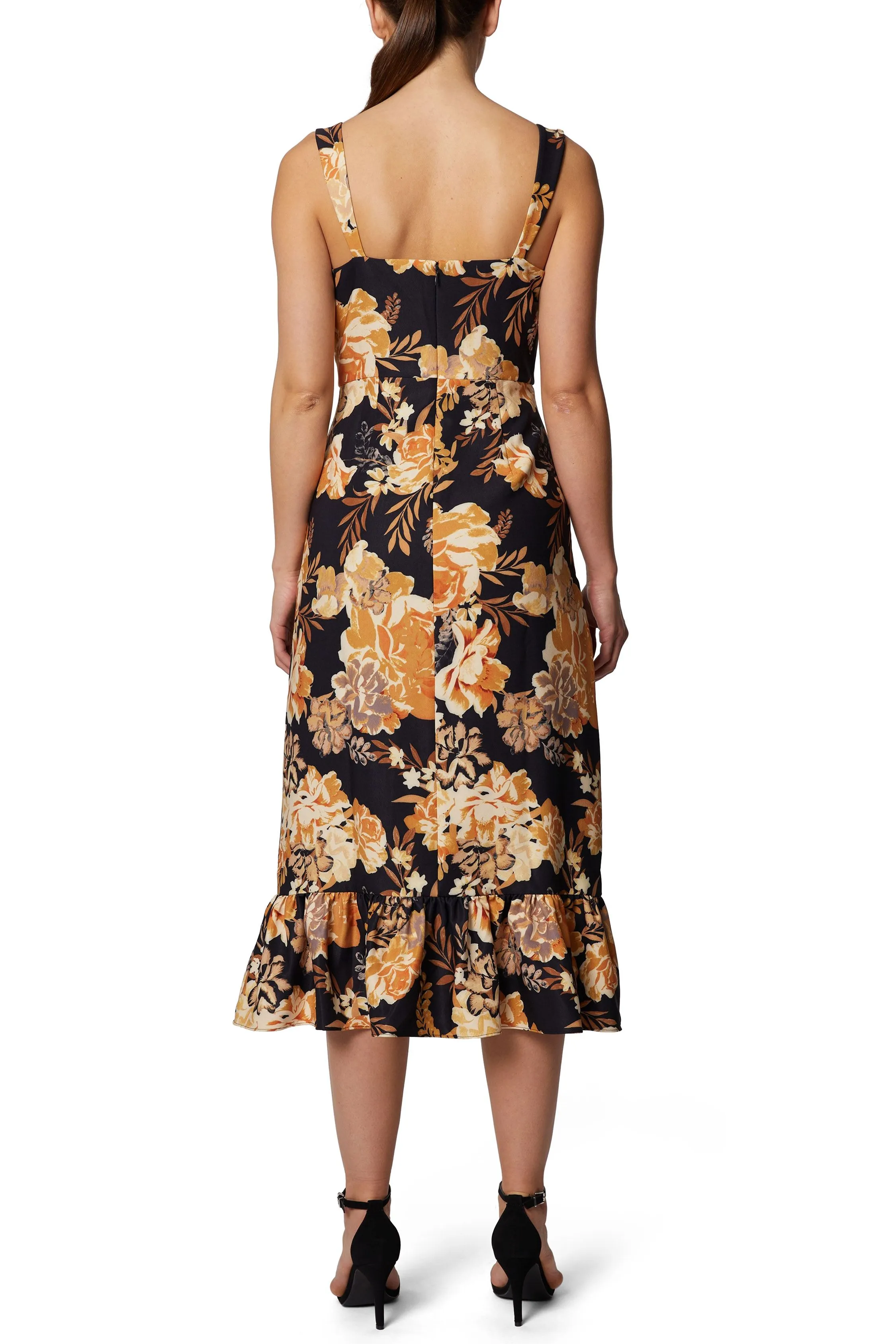 Laundry Square Neck Sleeveless Bodycon Slit Front Zipper Back Ruffled Hem Dress