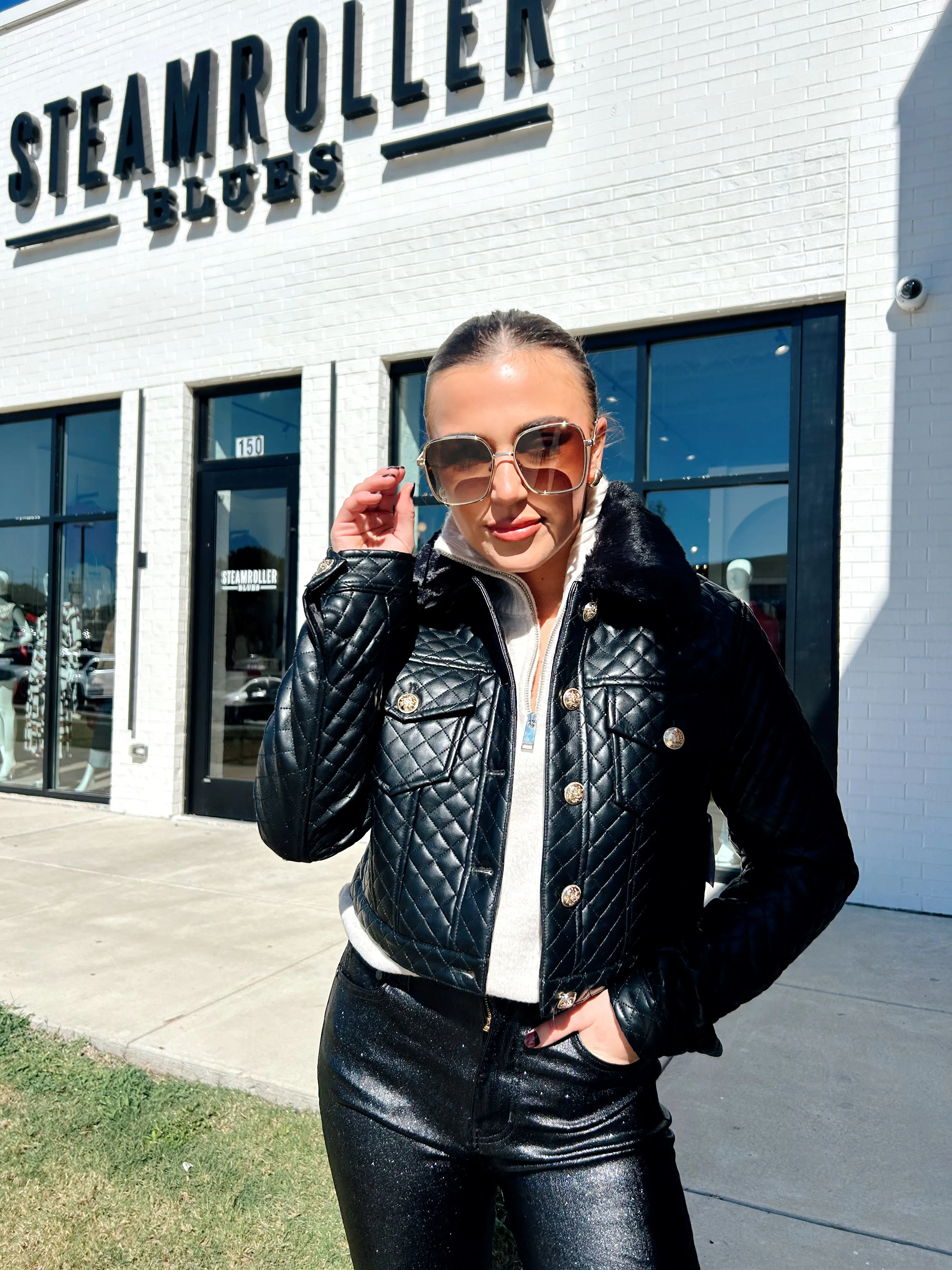 LEATHER QUILTED FAUX TRIM JACKET