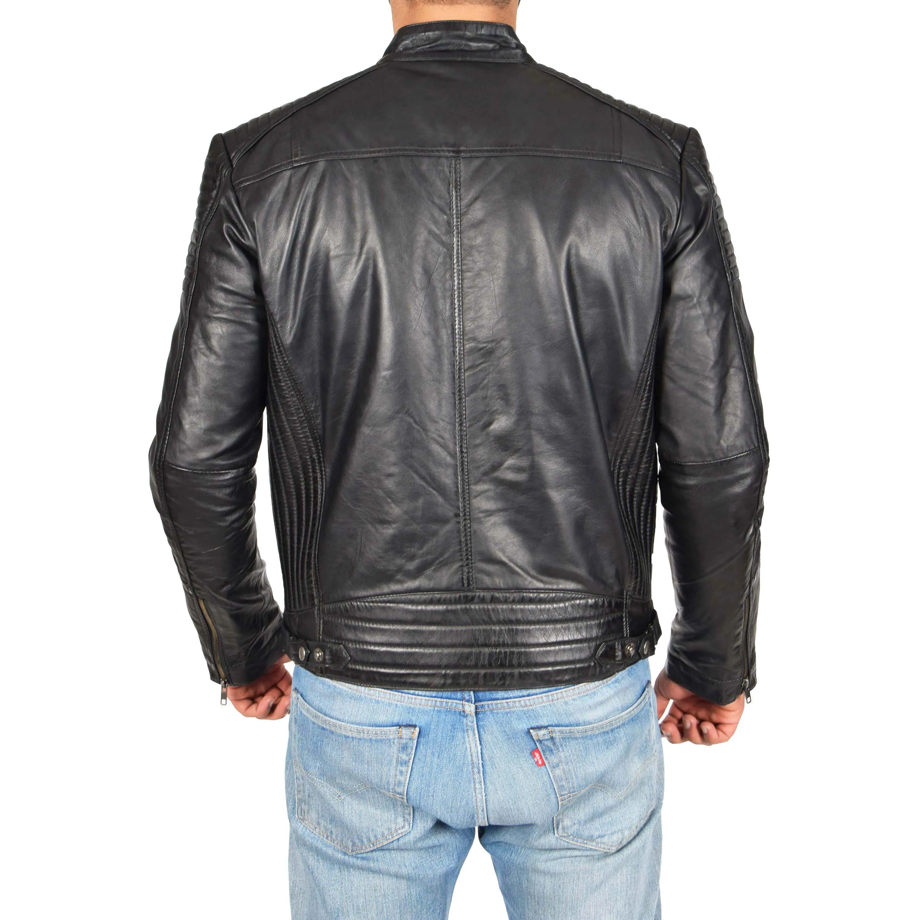 Mens Café Racer Biker Leather Jacket Teddy Black