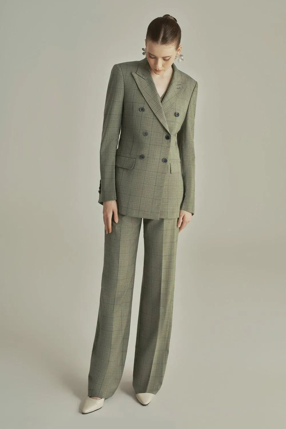 Olive Straight Double Breasted Poly Wool Blazer