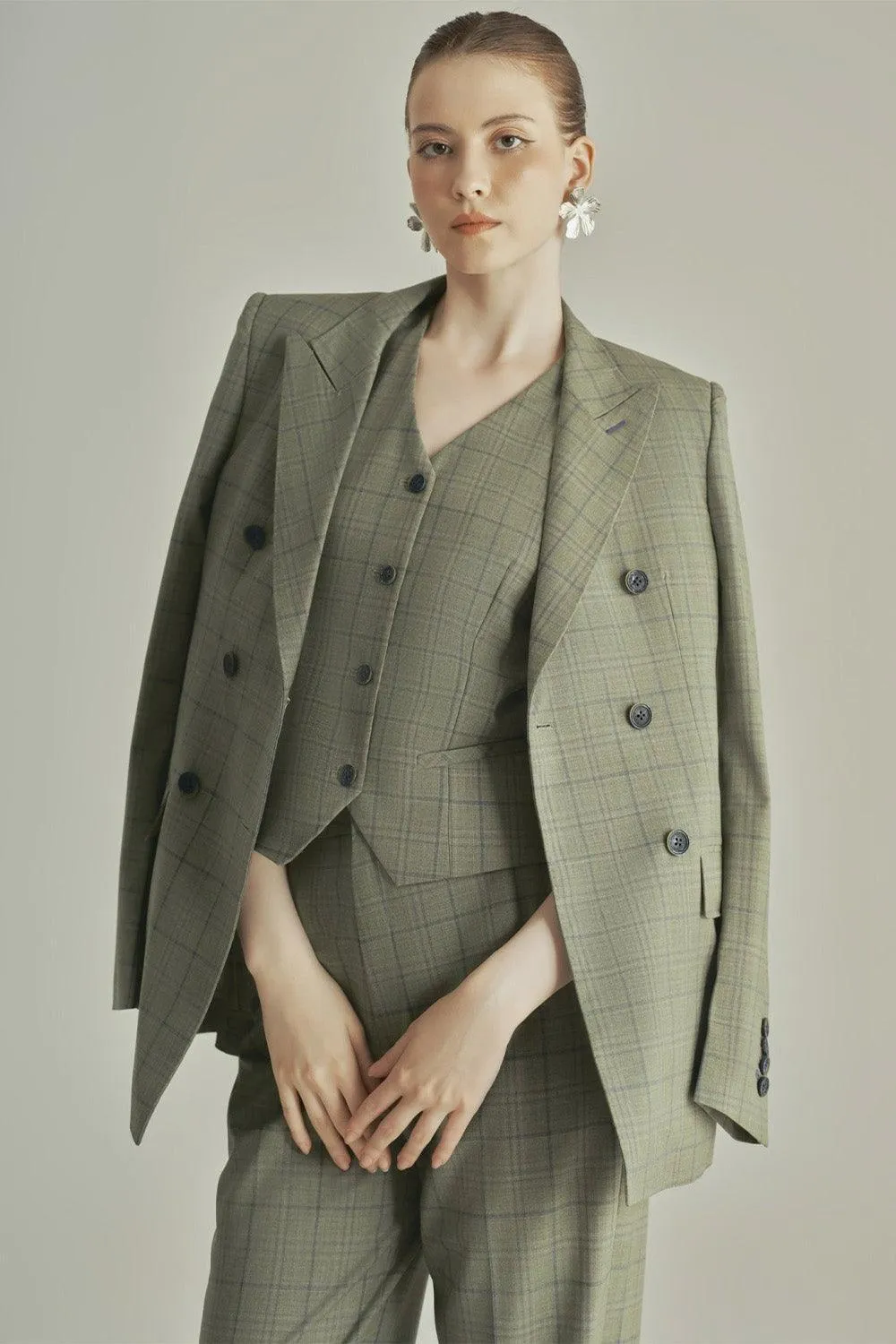 Olive Straight Double Breasted Poly Wool Blazer