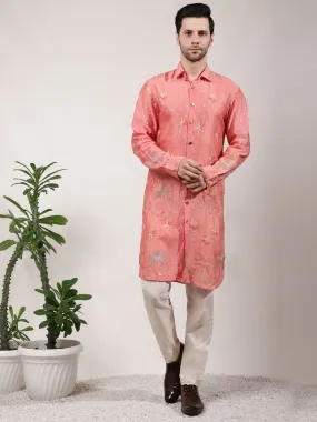 Orange ChikanKari Silk  Kurta Set