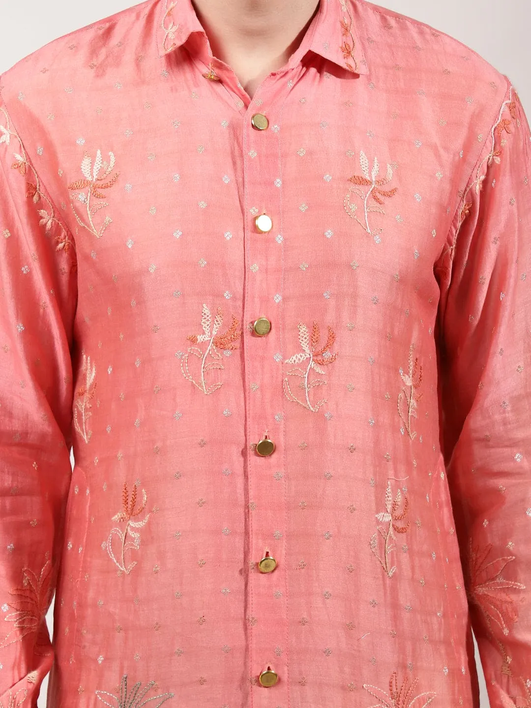 Orange ChikanKari Silk  Kurta Set