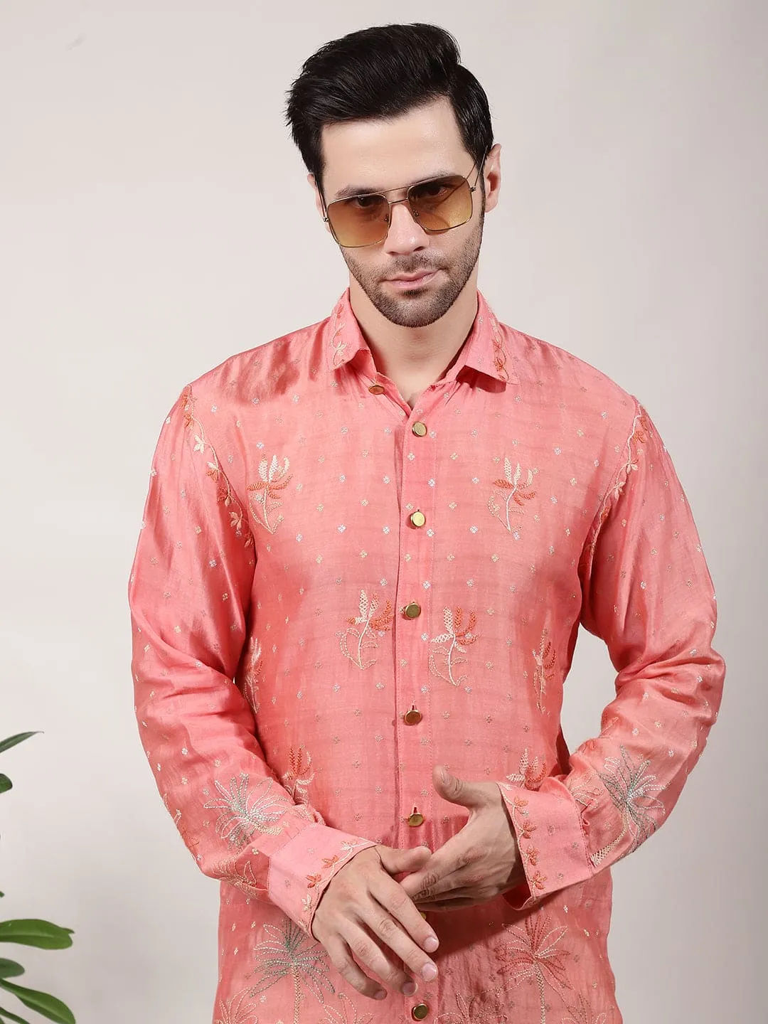 Orange ChikanKari Silk  Kurta Set