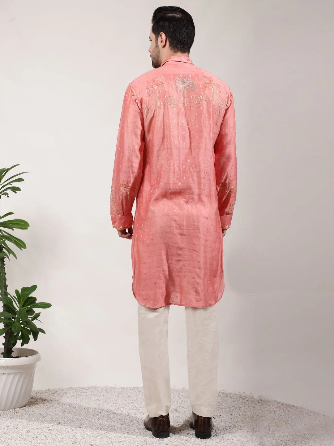 Orange ChikanKari Silk  Kurta Set