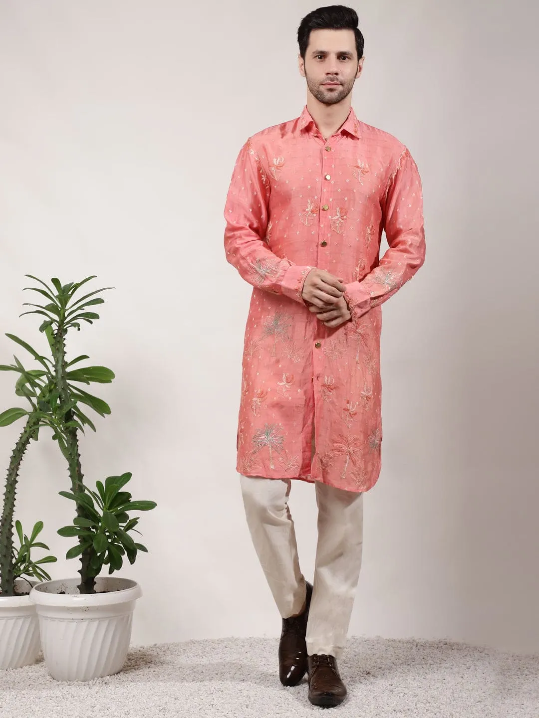 Orange ChikanKari Silk  Kurta Set