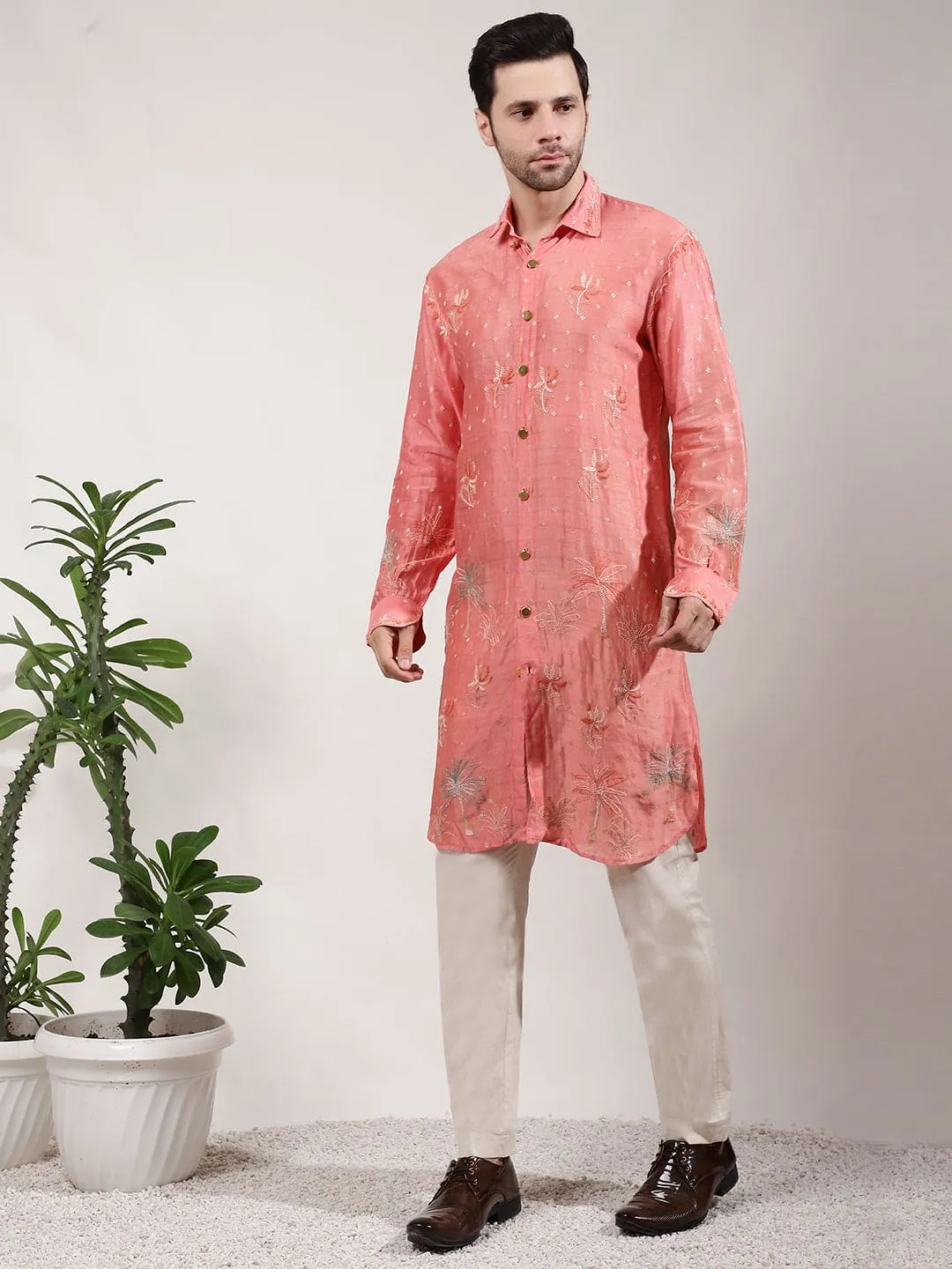 Orange ChikanKari Silk  Kurta Set