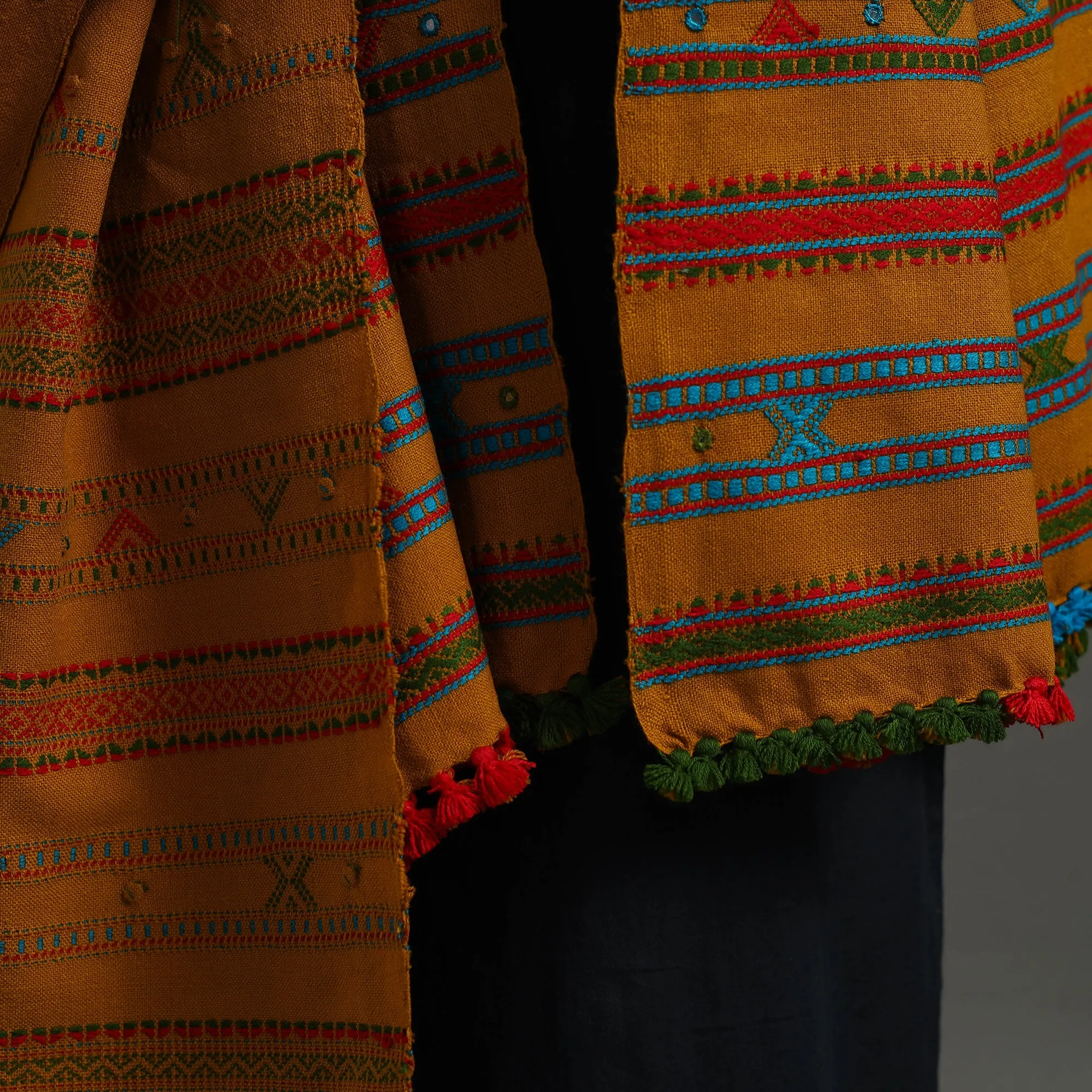 Orange - Kutch Handwoven Mirror Work Woollen Shawl 82