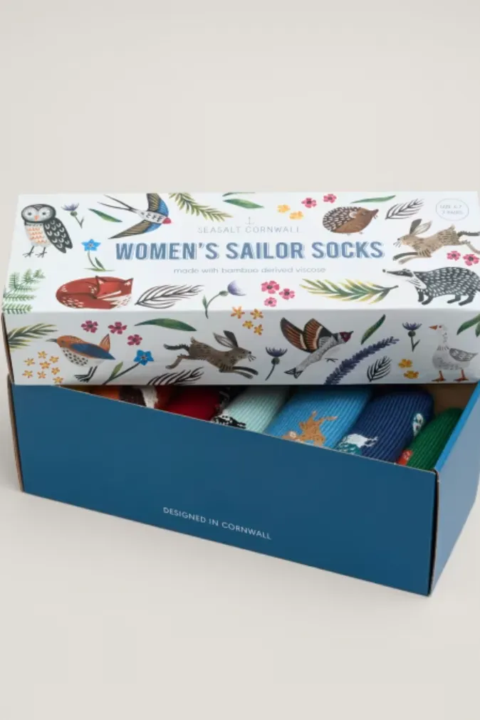 Seasalt Women's Sailor Socks Box of 7 Creatures in Deer Trail Mix