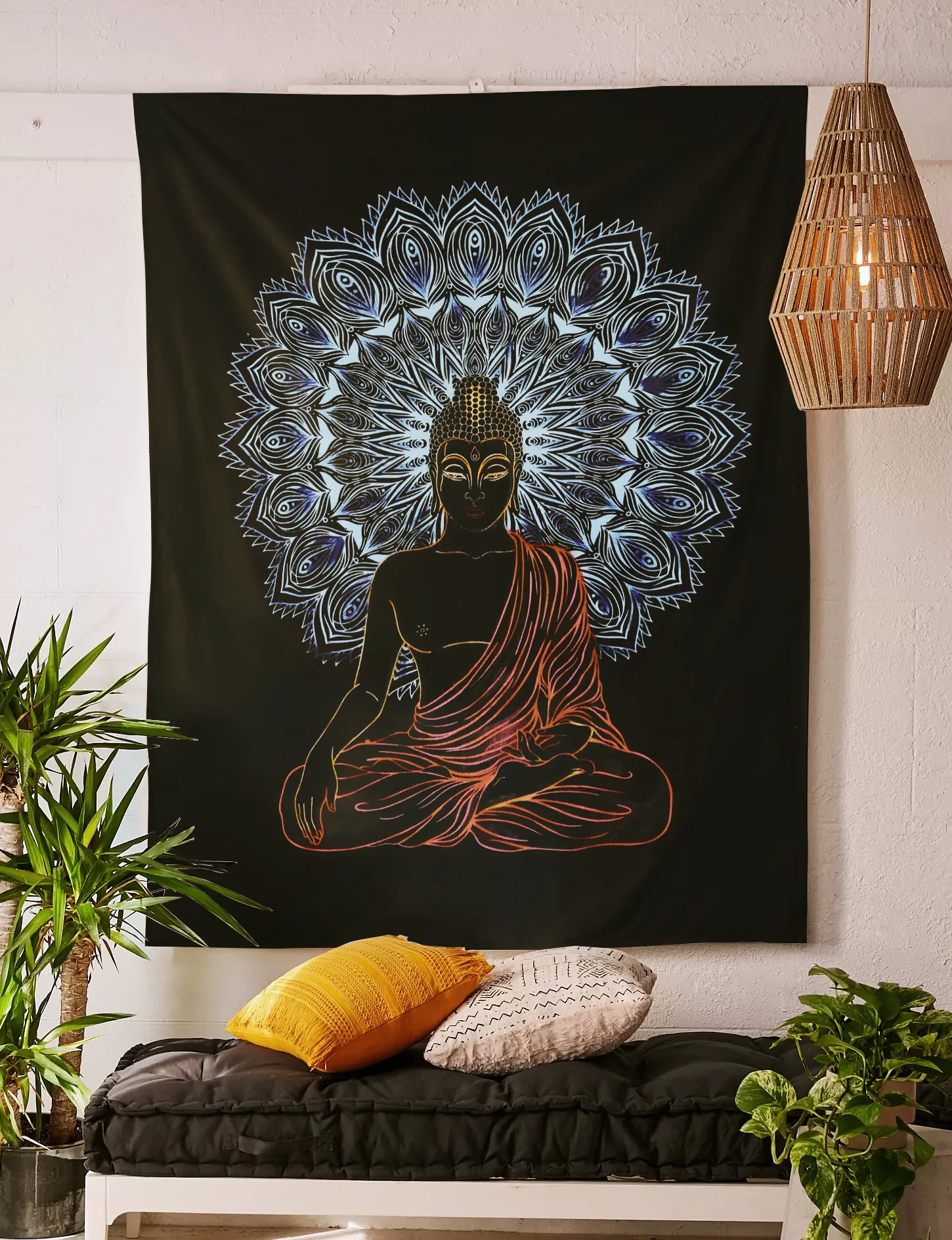 SheetKart Bohemian Buddha Meditation Tapestry | 100% Cotton Hand Screen Printed | Artistic Wall Hanging for Home Decor | Hand-Painted Blue and Red Accents | 53 x 81 inches | Proudly Made in India