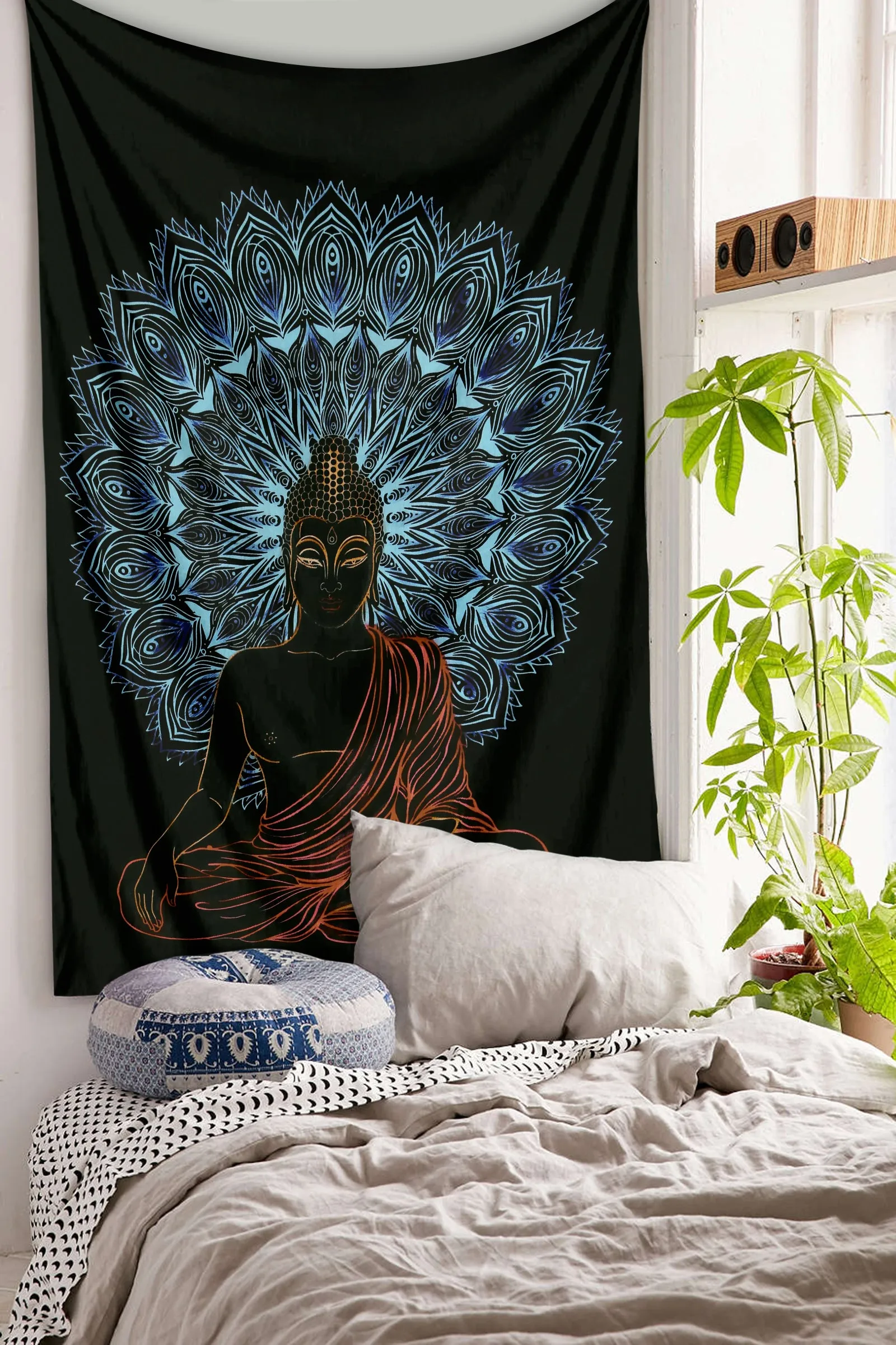 SheetKart Bohemian Buddha Meditation Tapestry | 100% Cotton Hand Screen Printed | Artistic Wall Hanging for Home Decor | Hand-Painted Blue and Red Accents | 53 x 81 inches | Proudly Made in India