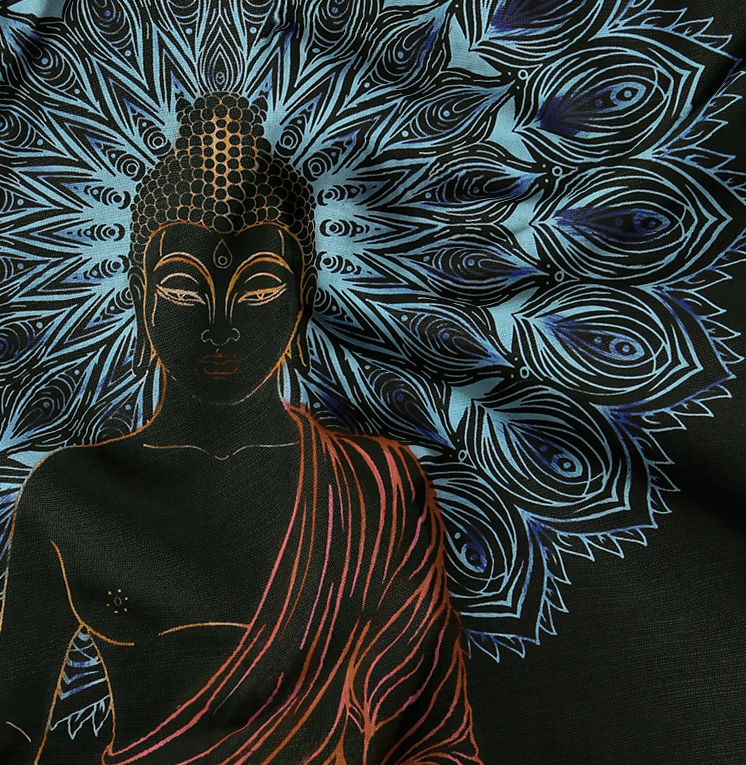 SheetKart Bohemian Buddha Meditation Tapestry | 100% Cotton Hand Screen Printed | Artistic Wall Hanging for Home Decor | Hand-Painted Blue and Red Accents | 53 x 81 inches | Proudly Made in India