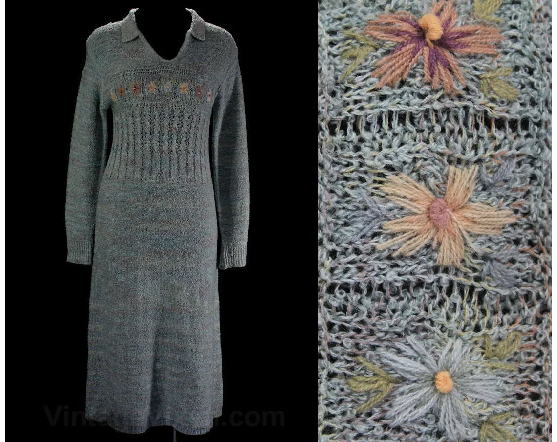 Size 10 Sweet Boho Sweater Dress - Medium 70s Bohemian Chic Boucle Knit - Frosty Blue Mauve & Pale Green - Embroidered Flowers - Bust 37