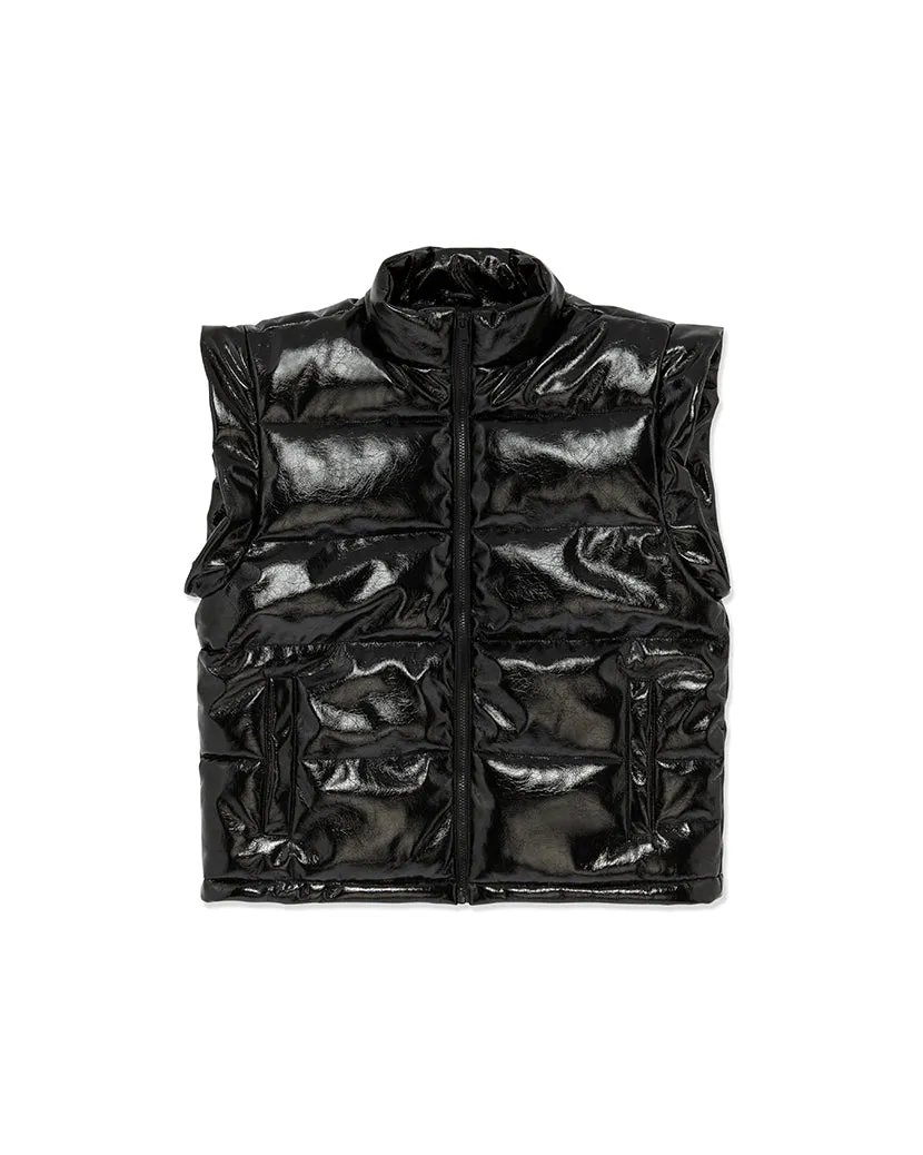 Snap Off Sleeve Shiny Faux Leather Puffer Jacket
