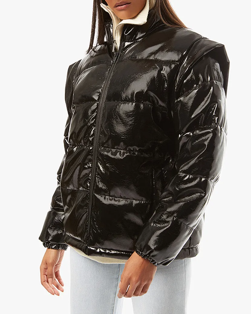 Snap Off Sleeve Shiny Faux Leather Puffer Jacket