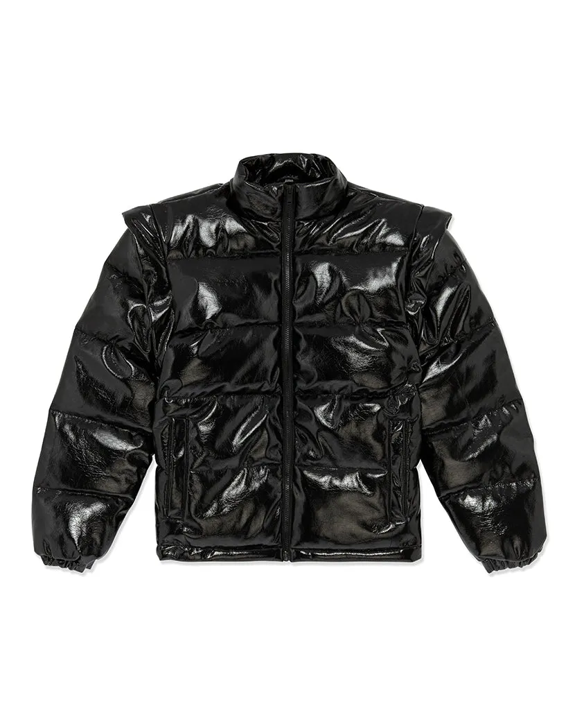 Snap Off Sleeve Shiny Faux Leather Puffer Jacket