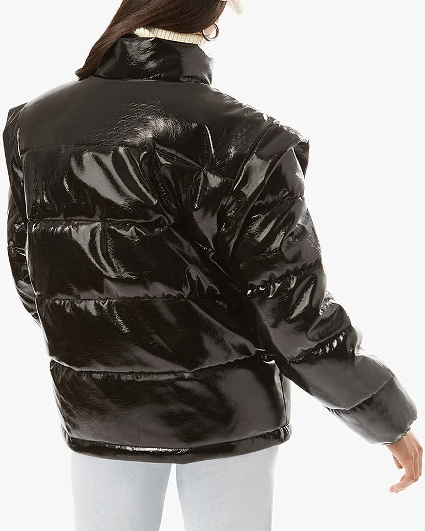 Snap Off Sleeve Shiny Faux Leather Puffer Jacket