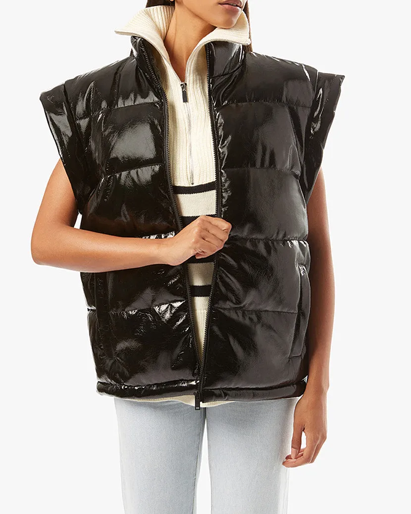 Snap Off Sleeve Shiny Faux Leather Puffer Jacket