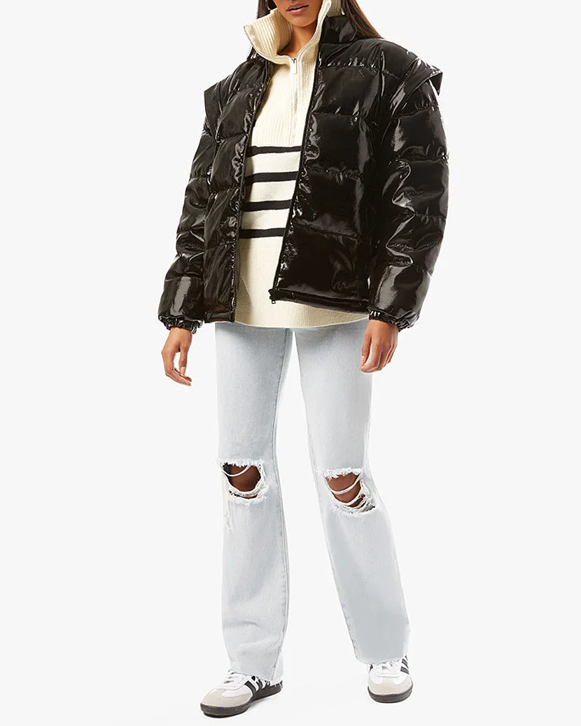 Snap Off Sleeve Shiny Faux Leather Puffer Jacket